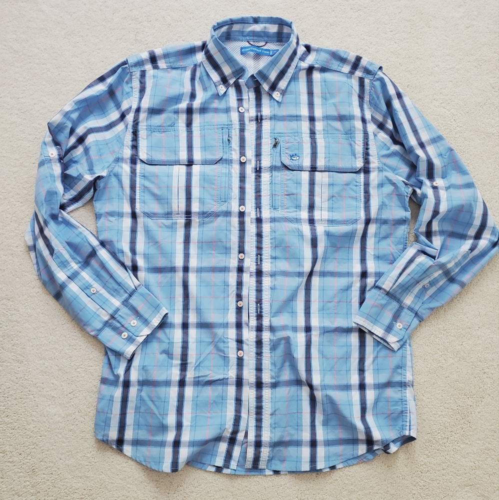 Southern Tide Men's Blue Plaid Vented Fishing Button-down Shirt szM